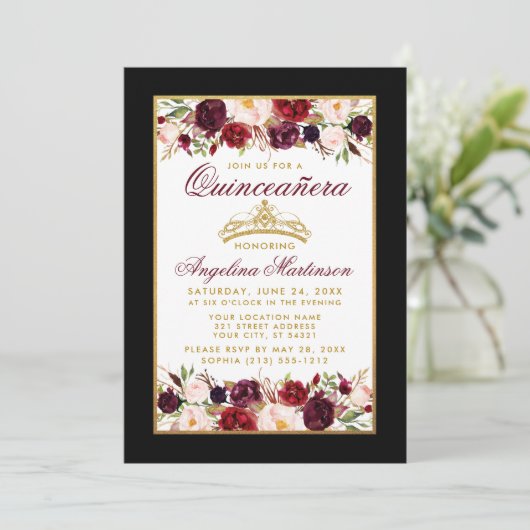 Invitation Quinceanera Bourgogne Floral Couronne Or Noir (Debout devant)