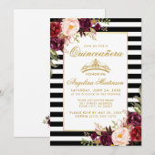 Invitation Quinceanera Bourgogne Floral Couronne or rayé (Devant / Derrière)