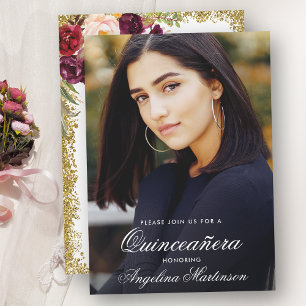 Invitation Quinceanera Bourgogne Floral Gold Parties scintill