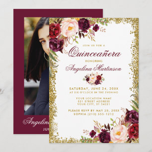 Invitation Quinceanera Bourgogne Floral Gold Parties scintill