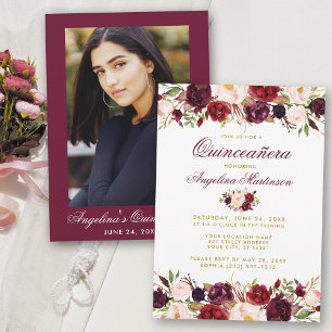 Invitation Quinceanera Bourgogne Floral Gold Photo
