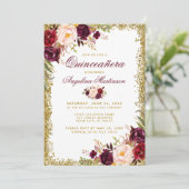 Invitation Quinceanera Bourgogne Floral Parties scintillant o (Debout devant)
