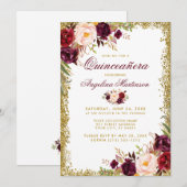 Invitation Quinceanera Bourgogne Floral Parties scintillant o (Devant / Derrière)