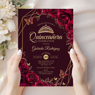 Invitation Quinceanera Bourgogne Gold Floral