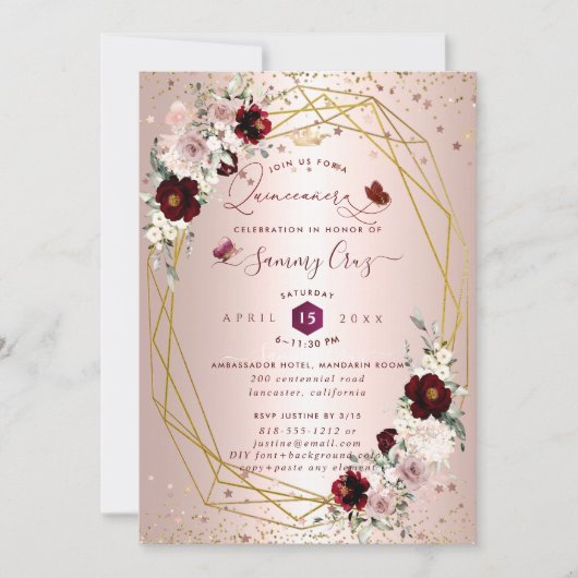 Invitation Quinceanera Bourgogne H2 Fleurs Dusty Rose Blush I (Devant)