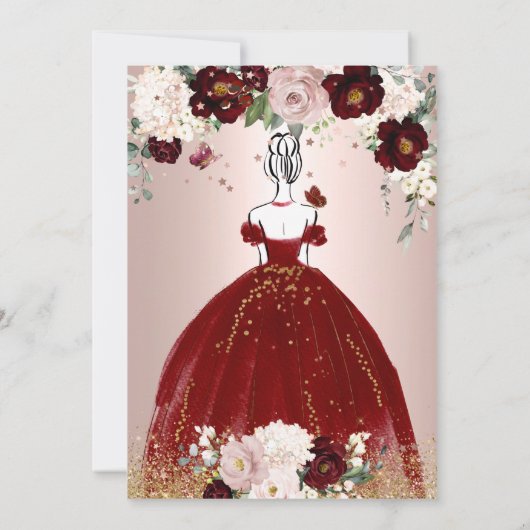 Invitation Quinceanera Bourgogne H2 Fleurs Dusty Rose Blush I (Dos)