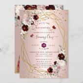 Invitation Quinceanera Bourgogne H2 Fleurs Dusty Rose Blush I (Devant / Derrière)