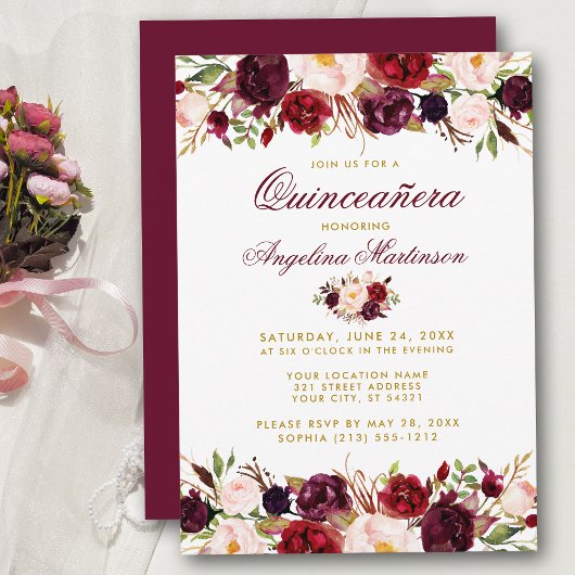 Invitation Quinceanera Bourgogne Or Floral