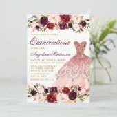 Invitation Quinceanera Bourgogne Parties scintillant Florale  (Debout devant)