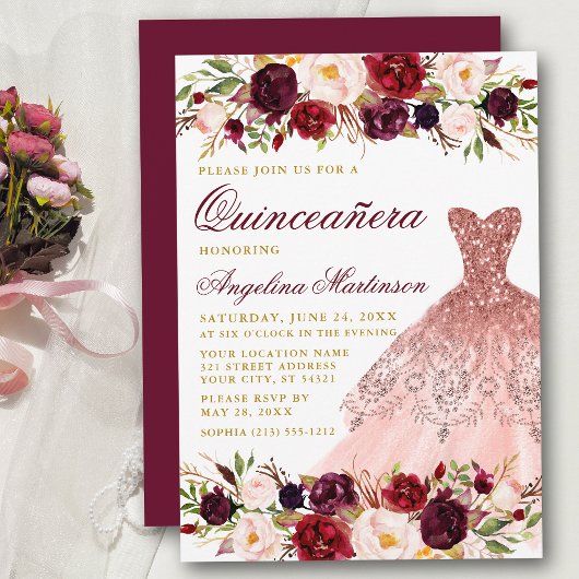 Invitation Quinceanera Bourgogne Parties scintillant Florale 