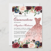 Invitation Quinceanera Bourgogne Parties scintillant Florale  (Devant)