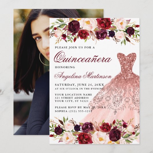 Invitation Quinceanera Bourgogne Robe de Parties scintillant (Devant / Derrière)