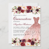 Invitation Quinceanera Bourgogne Robe Florale Retour (Devant)