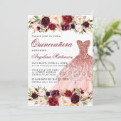 Invitation Quinceanera Bourgogne Robe Florale Retour (Debout devant)
