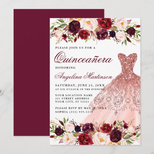 Invitation Quinceanera Bourgogne Robe Florale Rose Parties sc (Devant / Derrière)