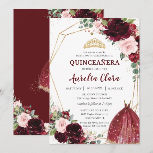 Invitation Quinceañera Bourgogne rose Floral Rose Ball (Devant / Derrière)