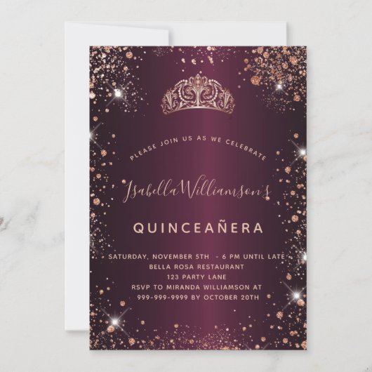 Invitation Quinceanera Bourgogne rose tiara or (Devant)