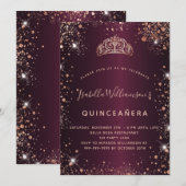 Invitation Quinceanera Bourgogne rose tiara or (Devant / Derrière)