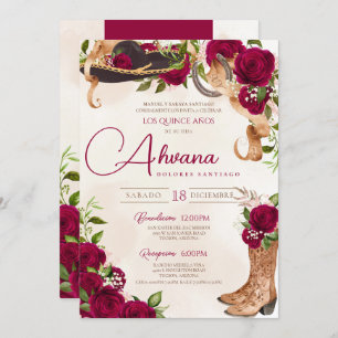 Invitation Quinceanera Bourgogne Roses Vintage Charro Ouest