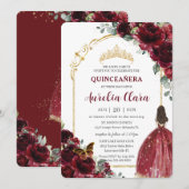 Invitation Quinceañera Bourgogne Rouge Floral Or Princesse Ar (Devant / Derrière)
