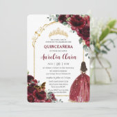 Invitation Quinceañera Bourgogne Rouge Floral Or Princesse Ar (Debout devant)