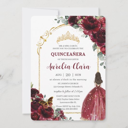 Invitation Quinceañera Bourgogne Rouge Floral Or Princesse Ar (Devant)