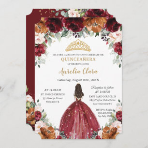 Invitation Quinceañera Bourgogne rouille rousse princesse Flo