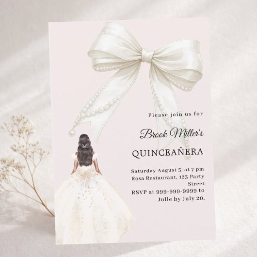 Invitation Quinceanera bow ivory dress blush pink