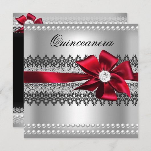Invitation Quinceanera Bow rouge noir Pearl Lace Diamond (Devant / Derrière)