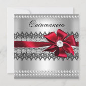 Invitation Quinceanera Bow rouge noir Pearl Lace Diamond (Devant)