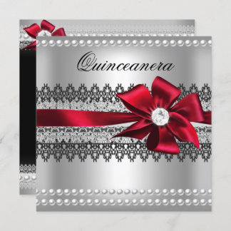 Invitation Quinceanera Bow rouge noir Pearl Lace Diamond