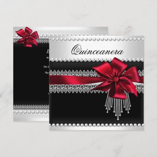 Invitation Quinceanera Bow rouge noir Pearl Lace Diamond (Devant / Derrière)