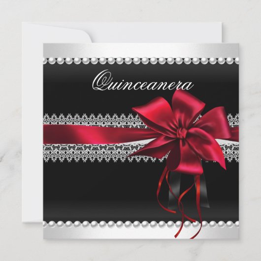 Invitation Quinceanera Bow rouge noir Pearl Lace Diamond (Devant)