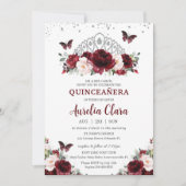 Invitation Quinceañera Burgundy Blush Floral Argent Couronne (Devant)