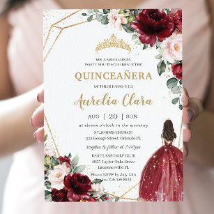 Invitation Quinceañera Burgundy Blush Floral Gold Princess