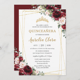 Invitation Quinceañera Burgundy Blush Floral Or géométrique