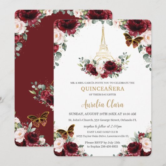 Invitation Quinceañera Burgundy Blush Floral Paris Butterfly (Devant / Derrière)