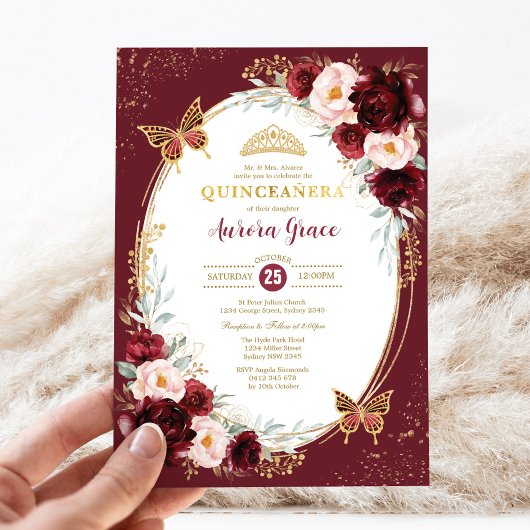 Invitation Quinceañera Burgundy Flush Papillons