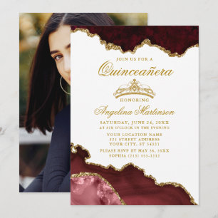 Invitation Quinceanera Burgundy Gold Marble Photo de la Couro