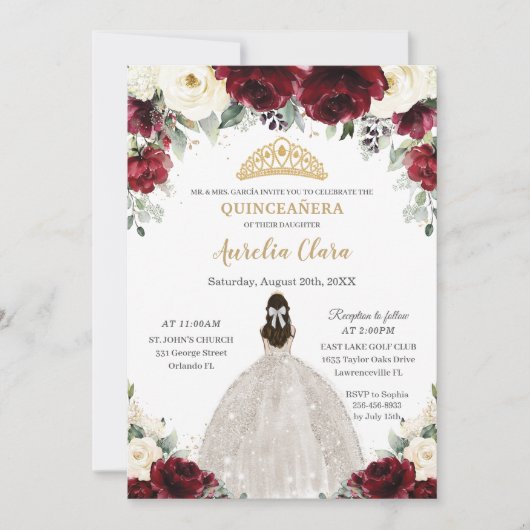 Invitation Quinceañera Burgundy Ivory White Floral Princesse (Devant)