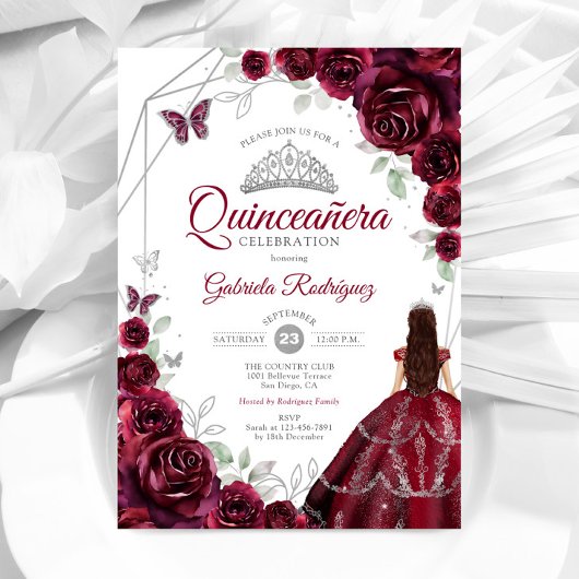 Invitation Quinceanera Burgundy Robe Florale
