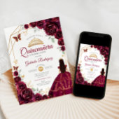 Invitation Quinceanera Burgundy Robe Florale Or
