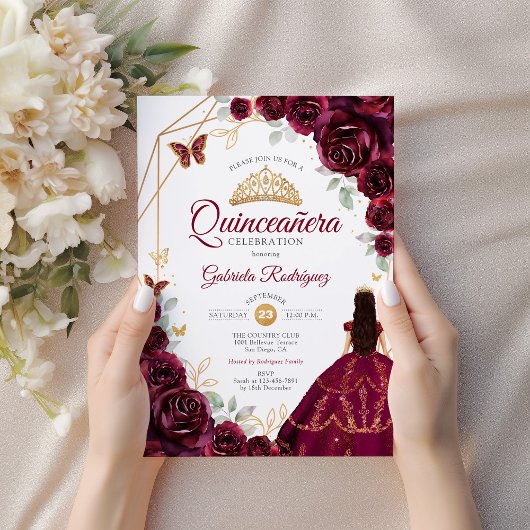 Invitation Quinceanera Burgundy Robe Florale Or
