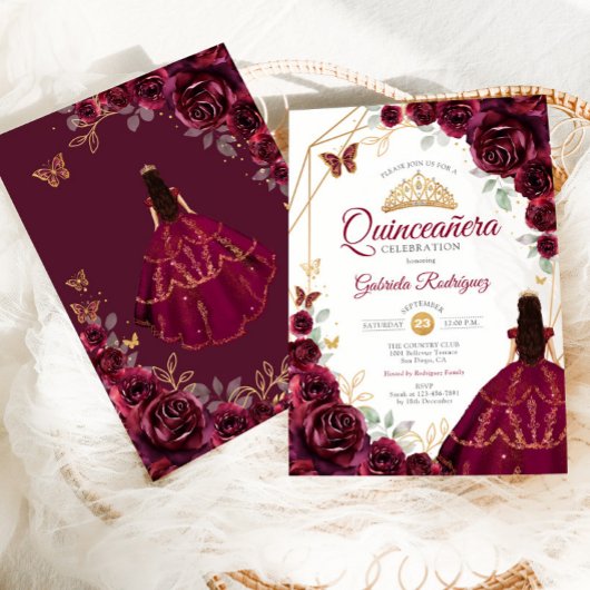 Invitation Quinceanera Burgundy Robe Florale Or