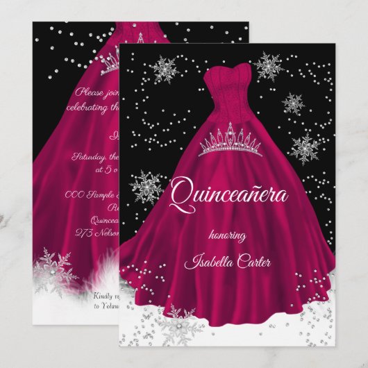 Invitation Quinceanera Burgunky rose flocon de neige Robe d'a (Devant / Derrière)