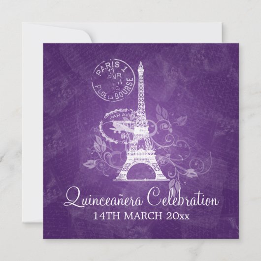 Invitation Quinceañera Celebration Party Paris Purple (Devant)