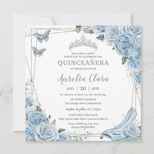 Invitation Quinceañera Cendrillon Princesse Bleu Floral (Devant)