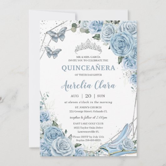 Invitation Quinceañera Cendrillon Princesse Bleu Floral (Devant)