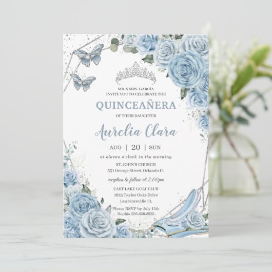 Invitation Quinceañera Cendrillon Princesse Bleu Floral (Debout devant)