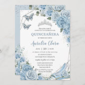Invitation Quinceañera Cendrillon Princesse Bleu Floral (Devant / Derrière)